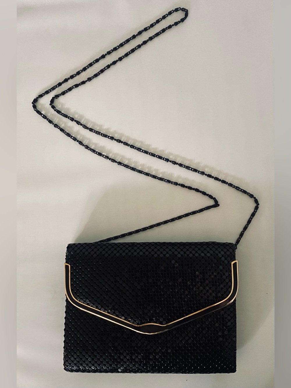 Vintage Black & Gold Envelope Mesh Diagonal Shoulder Purse Bag Cocktail Clutch